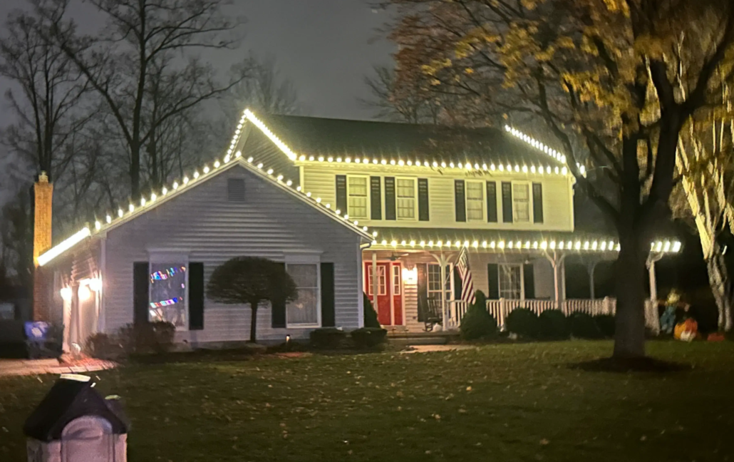 An Austintown, Ohio Home's Holiday Lights Shine in the Winter Night.