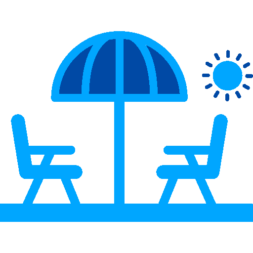 Two Lawn Chairs Sit Around an Umbrella Under the Sun Signifying a Clean Outdoor Space.