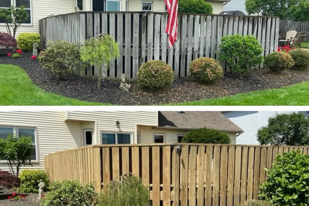 Before and After of a Pressure Washed Fence in Columbiana, Ohio.