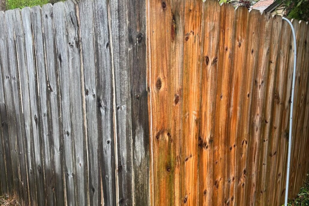 A Side by Side, Before and After Showing Pressure Washing Results on a New Middletown Wooden Fence.