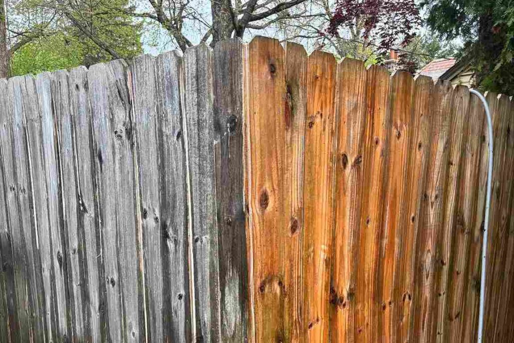 A Side by Side, Before and After Showing Pressure Washing Results on a New Middletown Wooden Fence.