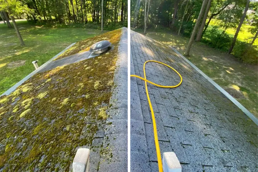 A Before and After of a Mossy Roof Being Soft Washing in Mahoning Valley.