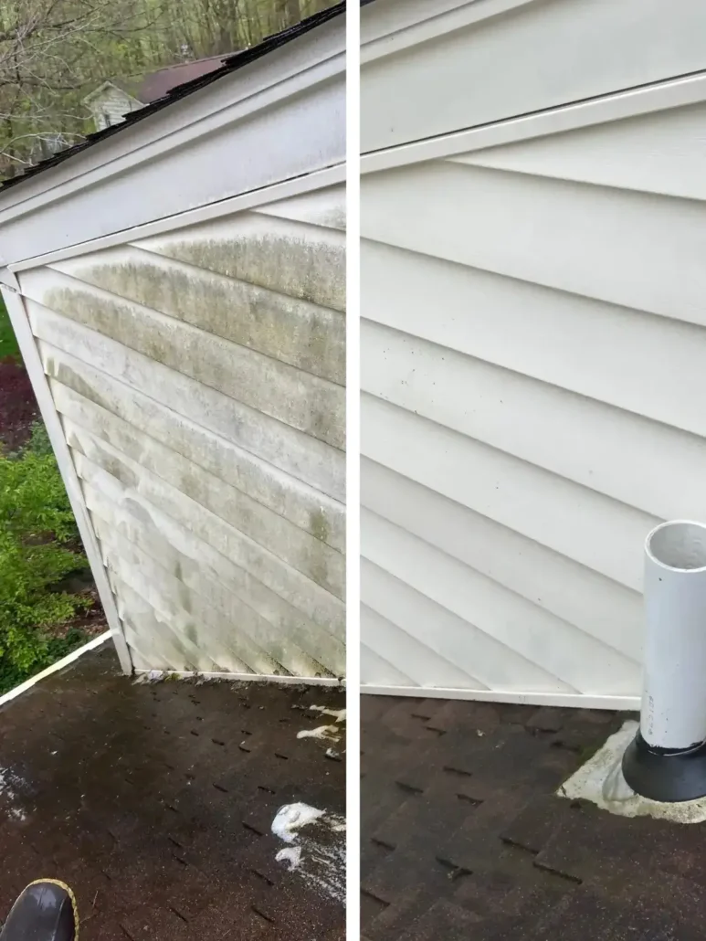 A Before and After of Grimy Siding on a Home Being Soft Washed in Mahoning Valley.
