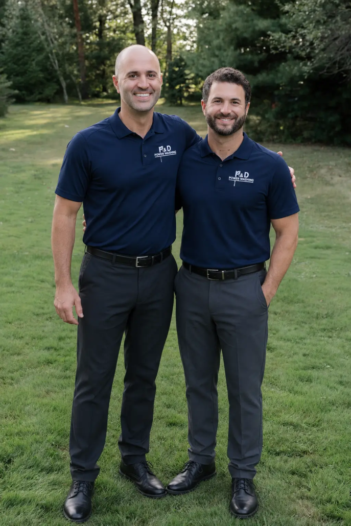 A Photo of P&D Power Washing's Owners, Patsy Daltorio and Dom Daltorio, Standing in a Grass Yard, Wearing Navy Blue Branded Polos with Charcoal Gray Dress Pants.